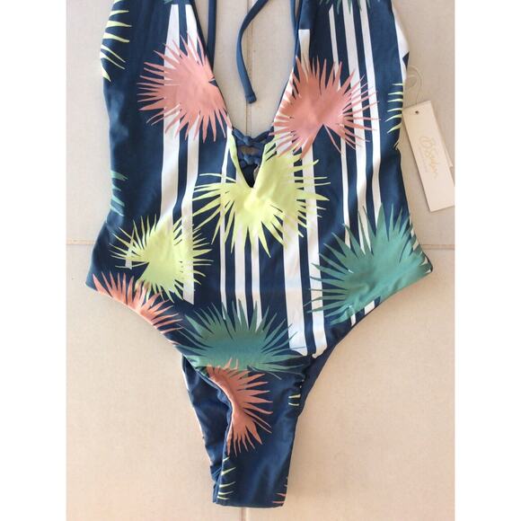 B. Swim One Piece Swimsuit Lush Coastal Floral Palm Cheeky Swimwear - Picture 3 of 8